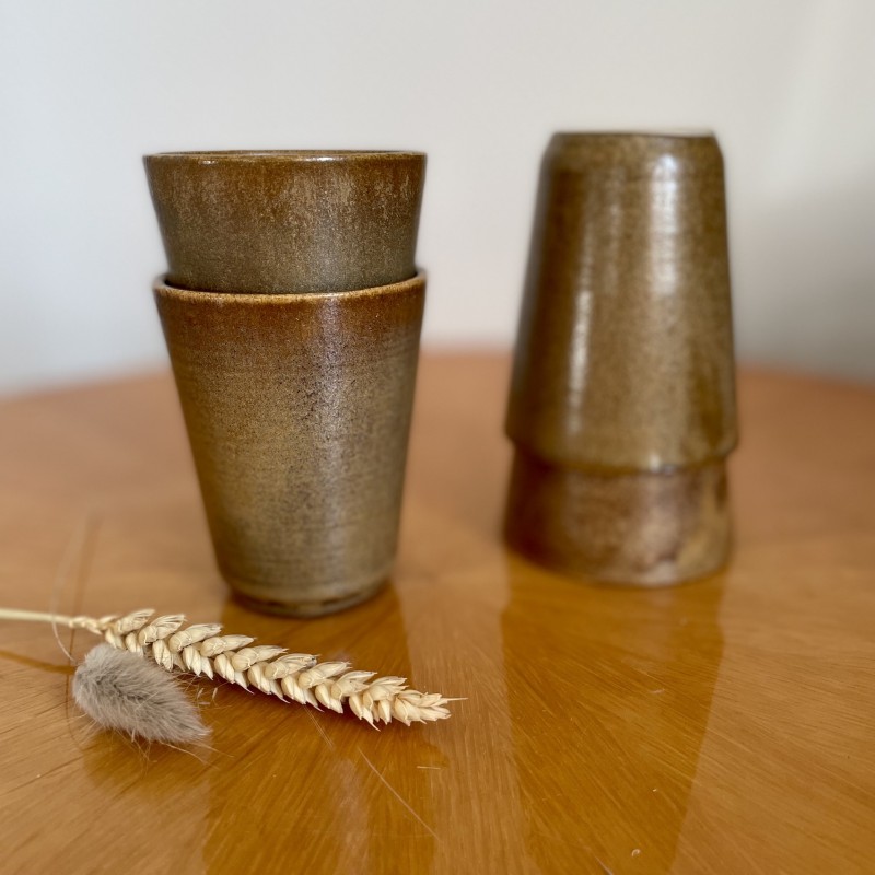 Lot De Petits Verres / Tasses En Grès – Motif Fleuri Vintage / Rétro