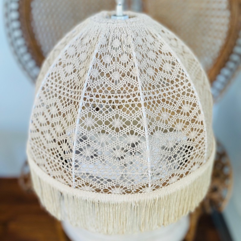 Abat-jour en raphia au crochet fait main : suspension bohème à franges - France