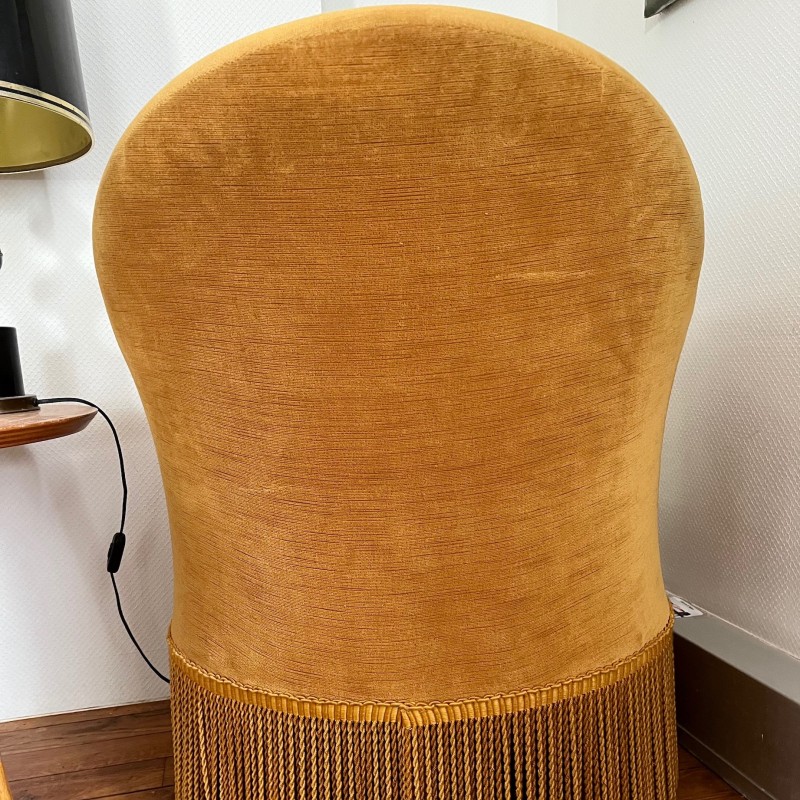 Fauteuil Crapaud Français 1 Place, Tissu Coton Bleu Brodé - Occasion